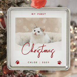 かわいい写真 子猫のクリスマス パウプリント 赤 メタルオーナメント