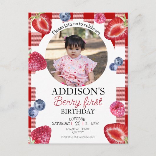 かわいい写真 赤 青 ベリー スイート 1歳 誕生日 ポストカード (正面)