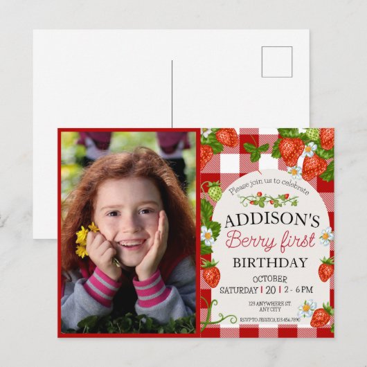 かわいい写真 赤 青 ベリー スイート 1歳 誕生日 ポストカード (正面/裏面)
