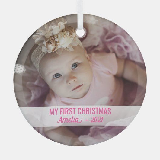 かわいい写真Gという名前のベビーガールの初めてのクリスマス ガラスオーナメント (正面)