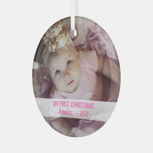 かわいい写真Gという名前のベビーガールの初めてのクリスマス ガラスオーナメント (正面左)