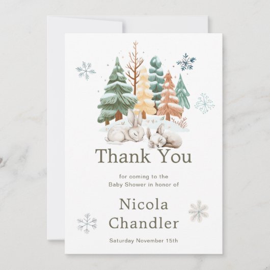 かわいい冬うさぎたち赤ちゃんシャワー サンキューカード (正面)