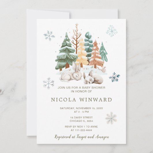 かわいい冬うさぎたち赤ちゃんシャワー 招待状 (正面)