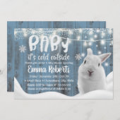 かわいい冬うさぎダスティブルーバーンドベイベビーシャワー 招待状 (正面/裏面)