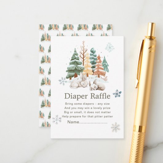 かわいい冬うさぎ赤ちゃんシャワーおむつラッフル エンクロージャーカード (正面/裏面インサイチュ)