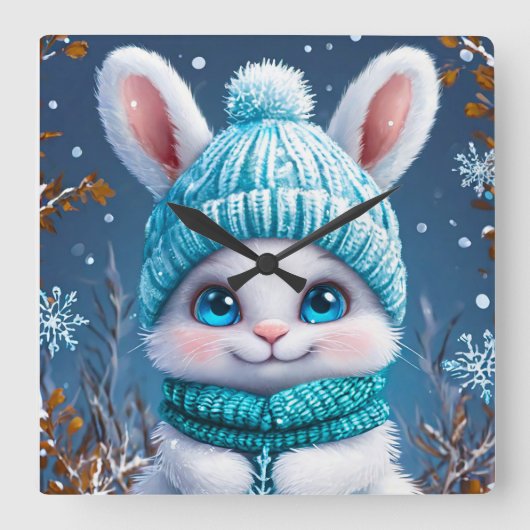 ❄️ かわいい冬のうさぎの保育園インテリアギフト 🐰 スクエア壁時計 (正面)