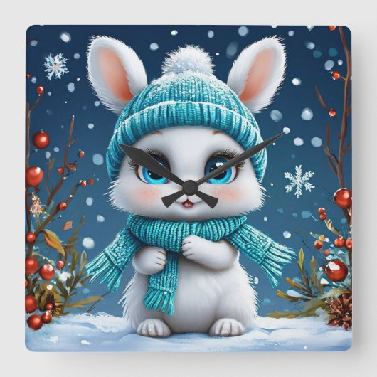 ❄️ かわいい冬のうさぎ 雪の部屋の装飾ギフト 🐰 スクエア壁時計 (正面)