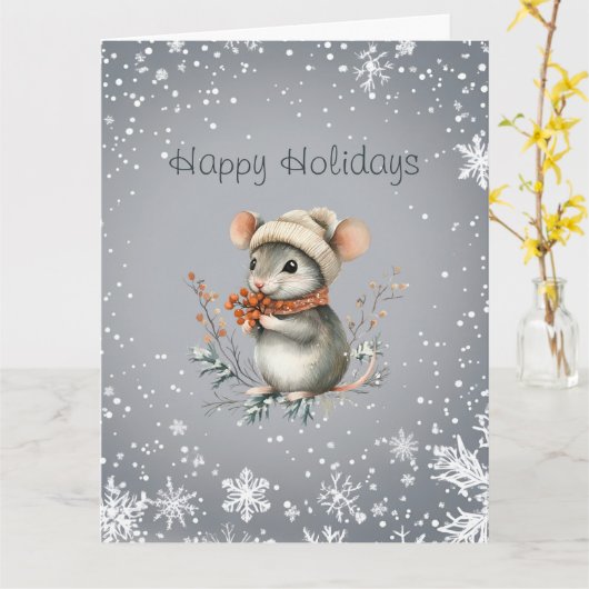 かわいい冬のねずみと実 カード (黄色い花)