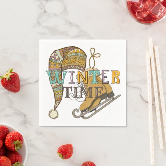 かわいい冬のアイススケート編みストッキングキャップ スタンダードカクテルナプキン (インサイチュ)