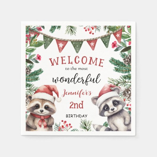 かわいい冬のアライグマのクリスマス2nd誕生日ナプキン スタンダードカクテルナプキン (正面)
