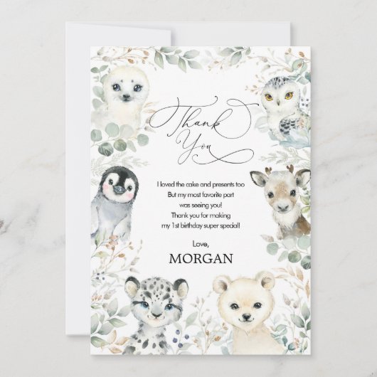 かわいい冬のアークティック動物とグリーンの誕生日 サンキューカード (正面)