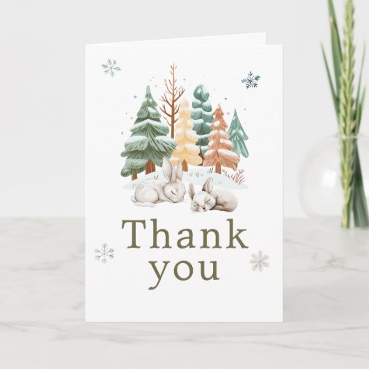 かわいい冬のウサギの誕生日パーティー サンキューカード (正面)