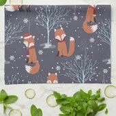 かわいい冬のキツネ キッチンタオル (折り畳み)