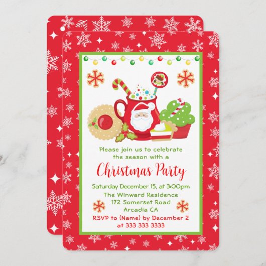 かわいい冬のクッキーとココアクリスマスパーティー 招待状 (正面/裏面)