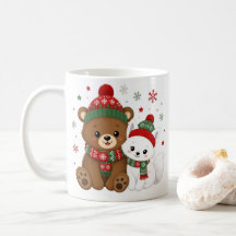 かわいい冬のクマとキツネのコーヒーマグ