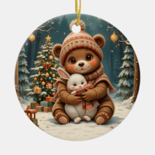 🎄 かわいい冬のクマの光 ❄️ ウサギとクリスマスツリー セラミックオーナメント