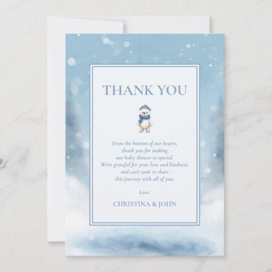 かわいい冬のクマ青い赤ちゃんシャワー サンキューカード (正面)