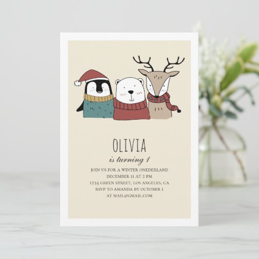 かわいい冬のクマ。オネダーランドの最初の誕生日の動物 招待状 (スタンド正面)