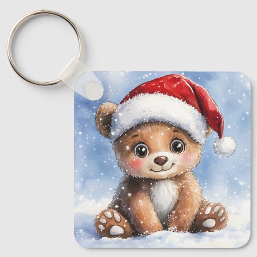 かわいい冬のクリスマスのサンタベアキューブウォーターカラー キーホルダー (正面)