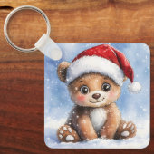 かわいい冬のクリスマスのサンタベアキューブウォーターカラー キーホルダー (正面)