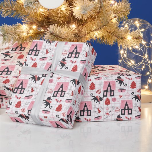 かわいい冬のクリスマスキティ猫の柄 ラッピングペーパー (クリスマス)