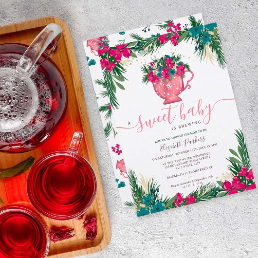 かわいい冬のクリスマスティーブルーイングベビーシャワー 招待状