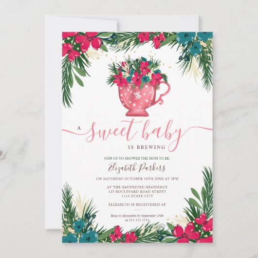 かわいい冬のクリスマスティーブルーイングベビーシャワー 招待状 (正面)