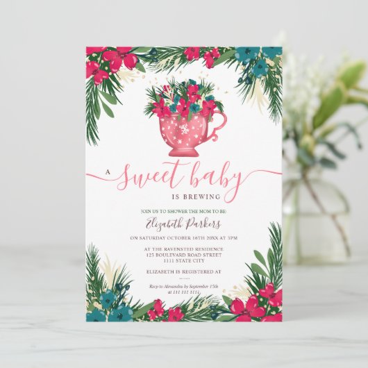 かわいい冬のクリスマスティーブルーイングベビーシャワー 招待状 (スタンド正面)