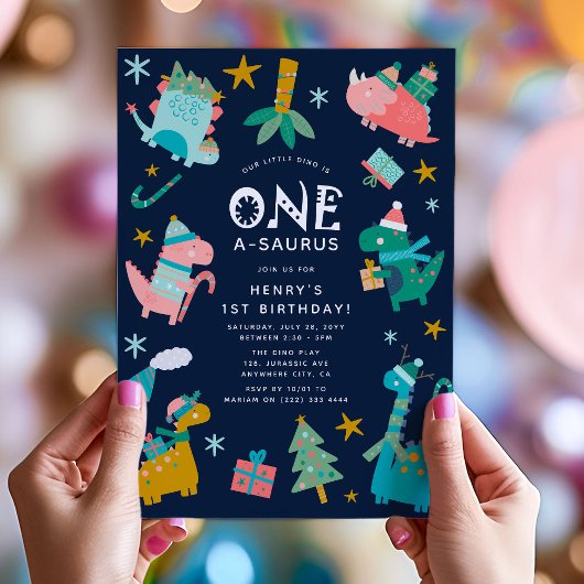 かわいい冬のクリスマスディノ1st誕生日パーティー 招待状