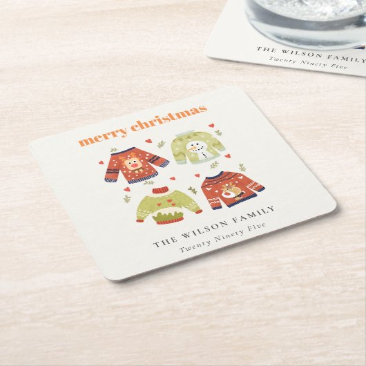 かわいい冬のクリスマスハートリーフィージュージュセーター スクエアペーパーコースター (アングル)