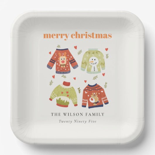 かわいい冬のクリスマスハートリーフィージュージュセーター ペーパープレート (正面)