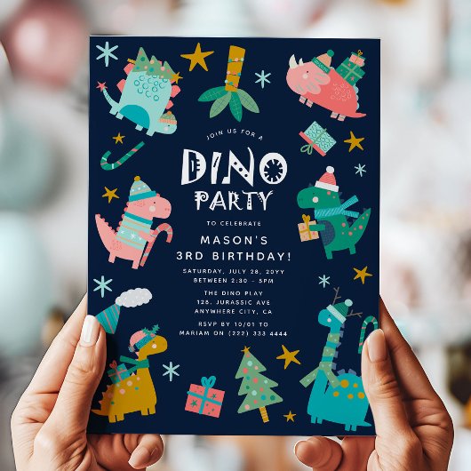 かわいい冬のクリスマス恐竜の子供の誕生日パーティー 招待状