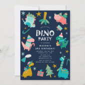 かわいい冬のクリスマス恐竜の子供の誕生日パーティー 招待状 (正面)