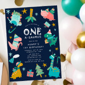 かわいい冬のクリスマス恐竜の1歳の誕生日パーティー 招待状