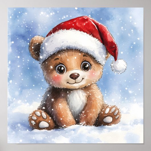 かわいい冬のクリスマス サンタベア キューブ 水彩 ポスター (正面)