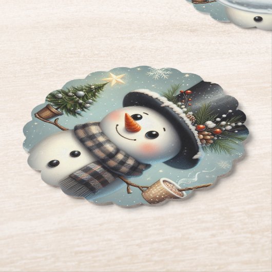 かわいい冬のクリスマス/冬雪だるま ペーパーコースター (アングル)