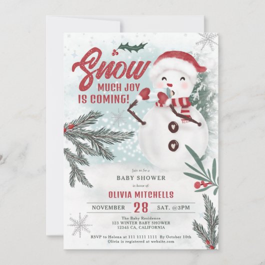 かわいい冬のグリーンパイン氷雪だるま赤ちゃんシャワー 招待状 (正面)