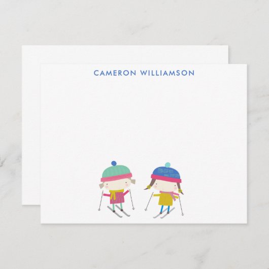 かわいい冬のスキー子ども用パーソナライズされた文房具 ノートカード (正面/裏面)