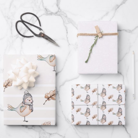 かわいい冬のスズメの水のカラーイラストレーション ラッピングペーパーシート (正面)