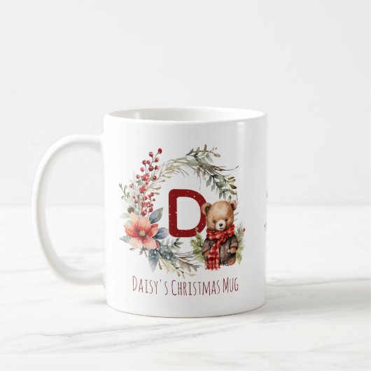 かわいい冬のテディベアキッズ名クリスマスプレゼント コーヒーマグカップ (左)