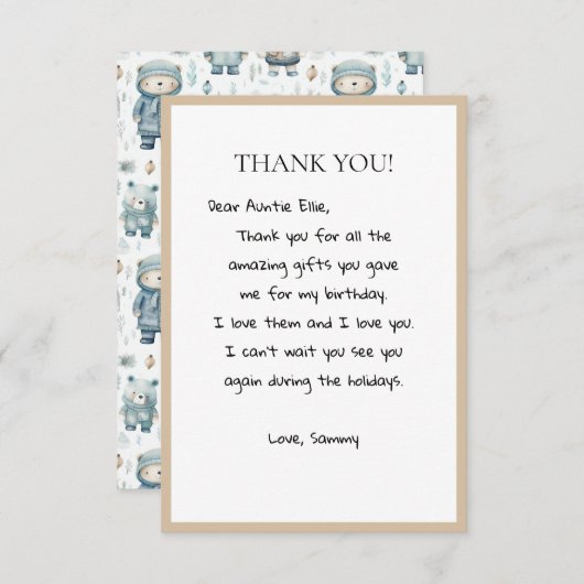 かわいい冬のテディベア柄 サンキューカード (正面/裏面)