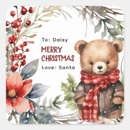 かわいい冬のテディベア キッズ クリスマスギフト スクエアシール