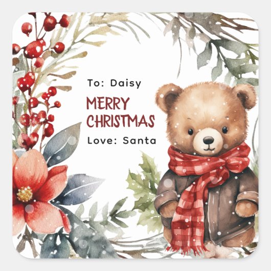 かわいい冬のテディベア キッズ クリスマスギフト スクエアシール (正面)