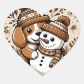 かわいい冬のデュオ：帽子とパターン（の模様が）ある雪だるまの犬 ハートシール (正面)