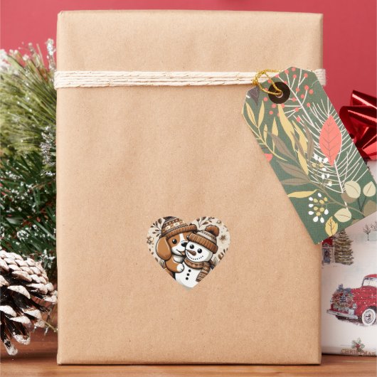 かわいい冬のデュオ：帽子とパターン（の模様が）ある雪だるまの犬 ハートシール (クリスマス)