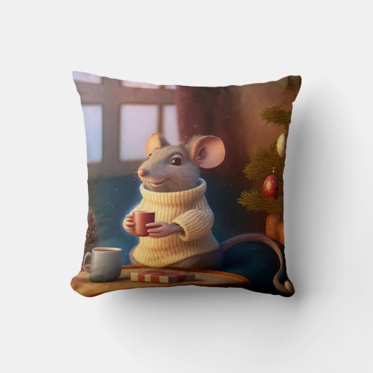 かわいい冬のネズミがお茶を飲む|過去記事 クッション (正面)