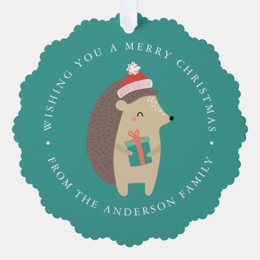 かわいい冬のハリネズミの写真の休日 オーナメントカード (正面)