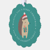 かわいい冬のハリネズミの写真の休日 オーナメントカード (左)