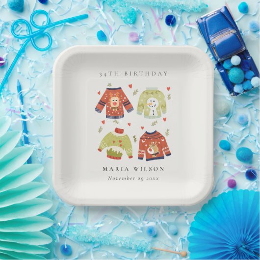 かわいい冬のハート醜いセーター任意の年齢誕生日 ペーパープレート (パーティー)