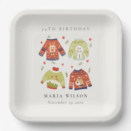 かわいい冬のハート醜いセーター任意の年齢誕生日 ペーパープレート (正面)